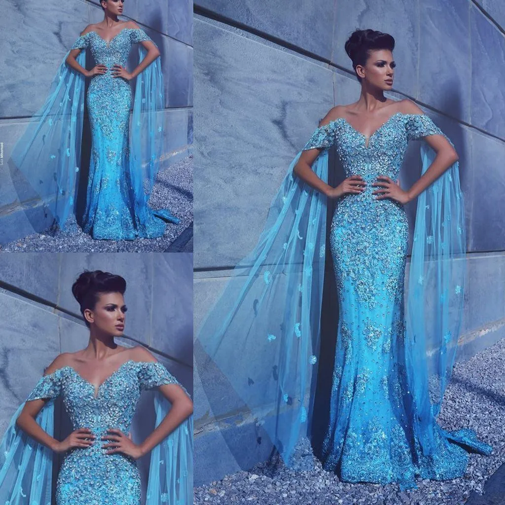 Eleganta Rhinestones Beaded Dresses Evening Wear With Sleeves Off Shoulde V-Neck Kväll Formell Kappor Mermaid Tulle Appliqued Prom Dress 405