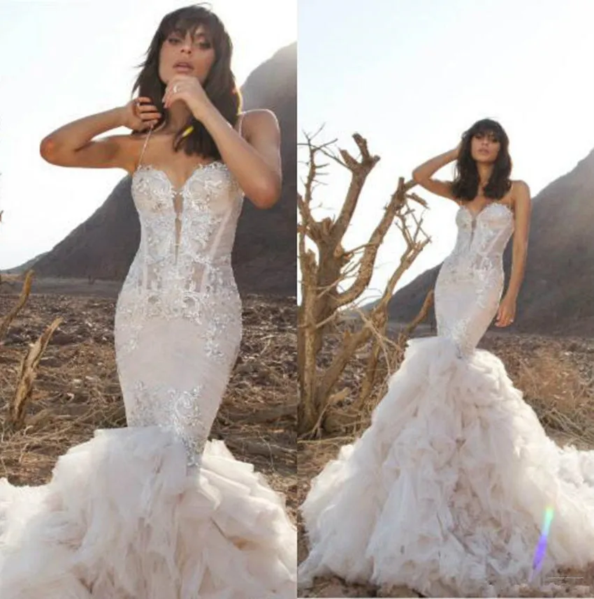 Pnina Tornai Mermaid Wedding Dresses Spaghetti Backless Lace Bridal Gowns With Beads Sweep Train Plus Size Beach Wedding Dress 3955