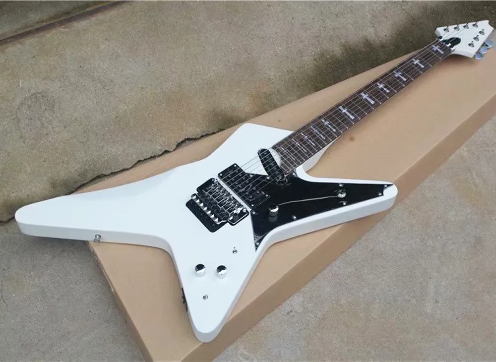 Wholesale white unusual shaped electric guitar with rosewood fretboard,Fixed bride/floyd rose,offering customized services