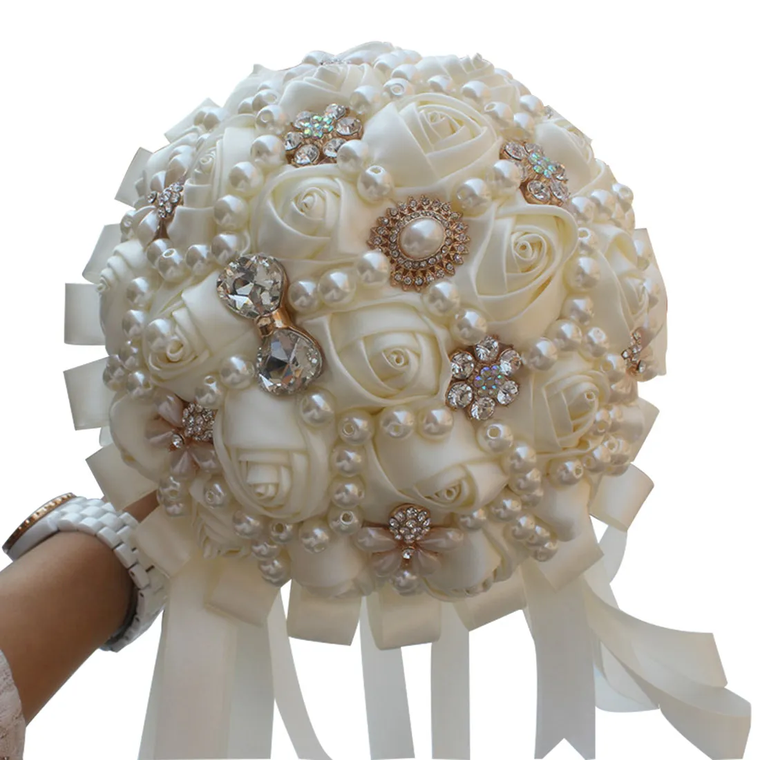 Elfenben Silk Satin Rose Wedding Flower Buquets Multi Purple Royal Blue Bridal Wedding Flowers for Bridesmaid Diamond Pearls Crystal3066