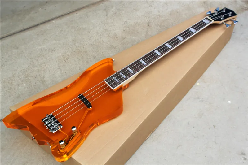 Factory Custom Orange Electric Bass Gitara z akrylowym szklanym korpusem, Resewood Fingerboard, Chrome Hardware, Oferta Dostosowana