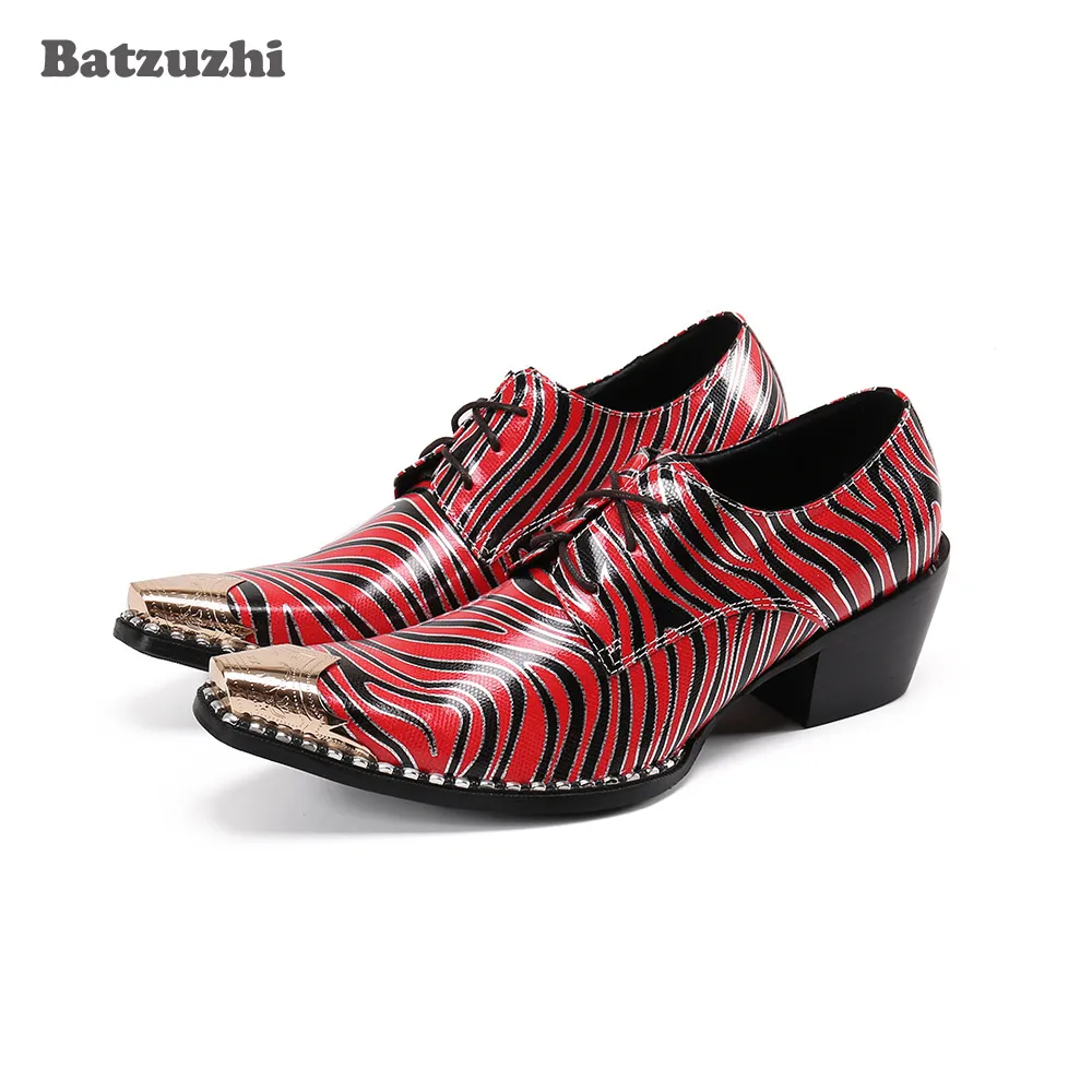 Batzuzhi Scarpe da uomo con tacchi alti da 6,5 cm Punta in metallo dorato Abito in pelle rossa per uomo Party Wedding Lace-up Punk Zapatos Hombre