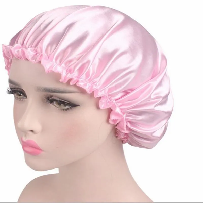 New 58cm Fashion Women Satin Night Sleep Cuffia per la doccia Cuffia per capelli Cappello Copricapo in seta Ampia fascia elastica