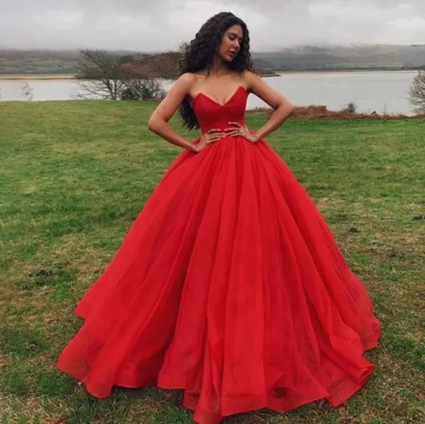 Red prom dress puffy hotsell