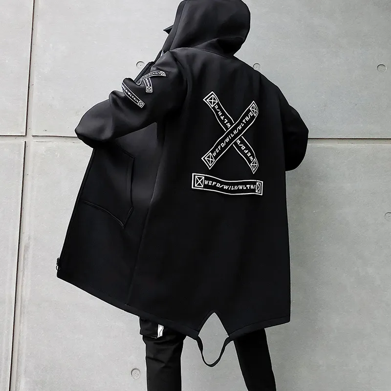 Hip-Hop Coat Men Street Odzież Płaszcz Long Casual Men 2020 Moda Męska Wiatrówka Czarna Biała