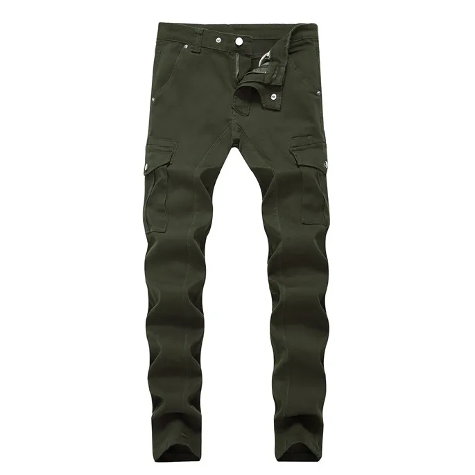 Fashion-Mens jeans Army Green Tasches jeans dritti con abbigliamento maschio con cerniera