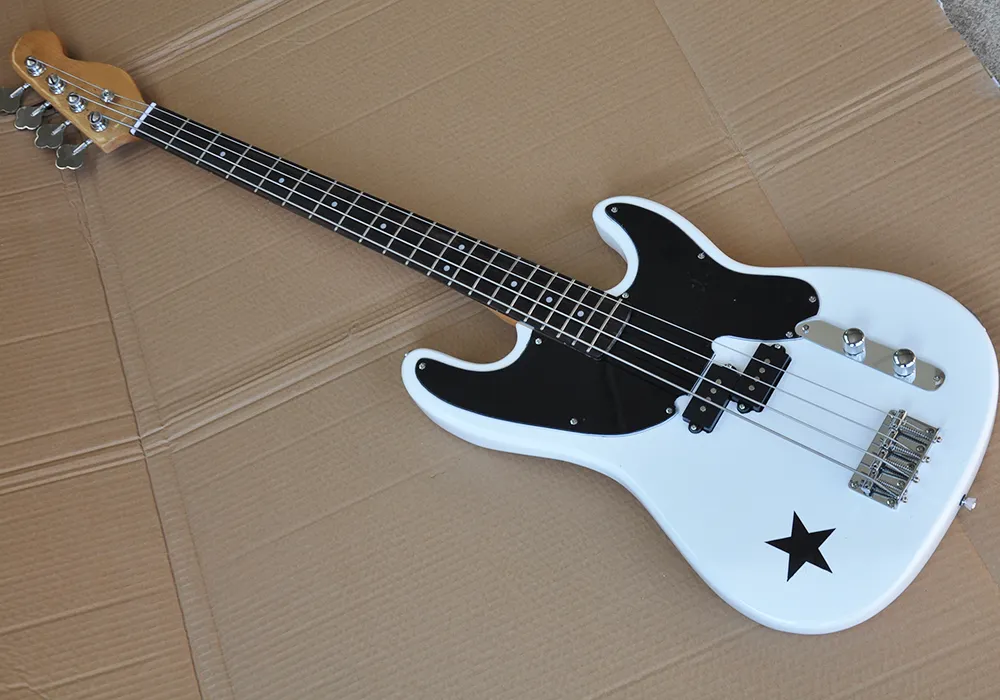 Factory Direct Sale 4 Strings White Electric Bass Gitara z wzorem gwiazdy, czarny pickguard, palisewod fingerboard, chrom sprzęt