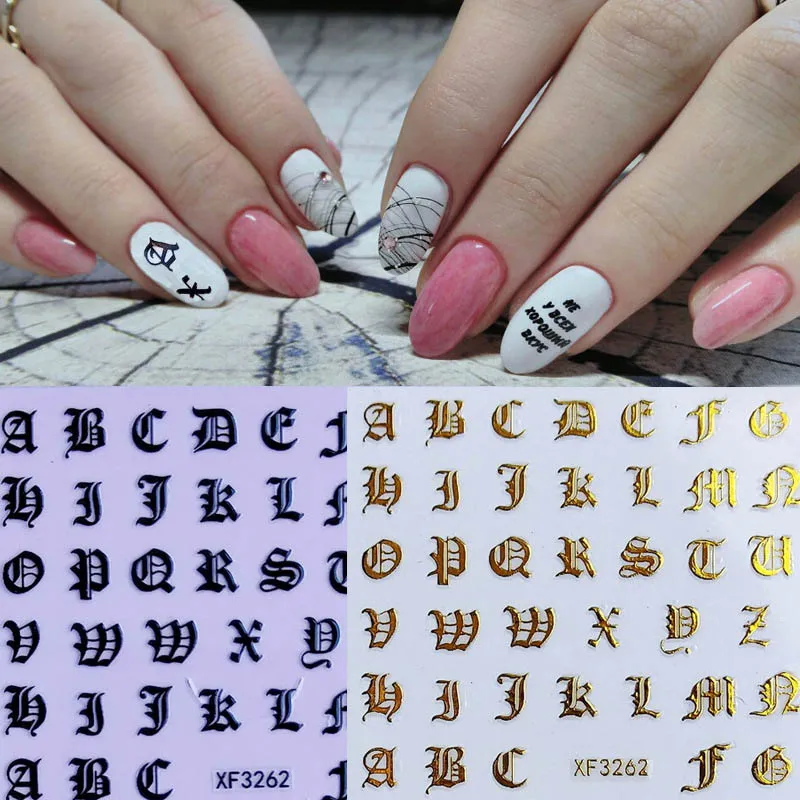 English Letters Holographic Alphabet 3D Nail Stickers Cursive