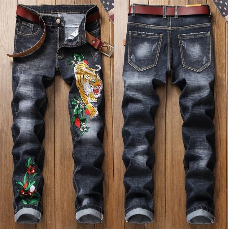Male Jean hole badge embroidery style denim trousers pants Fashion Men's Casual Slim Patch Jeans Dropshipping Torn Ripped Man