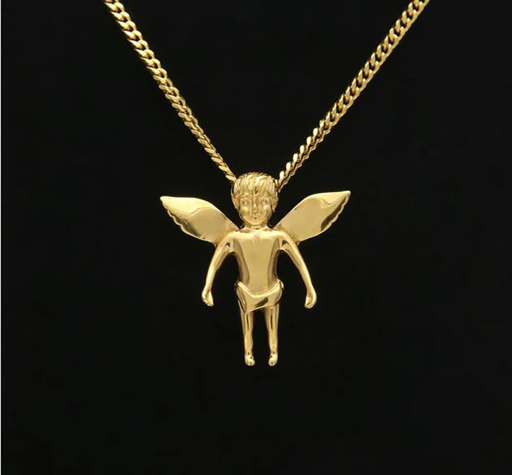 Hip Hop 18K Gold Baby Angel Edelstahl Anhänger Halskette mit 3mm 24 Zoll kubanischer Gliederkette Halskette für Männer Frauen