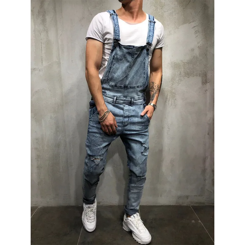 Hot salemens rasgado jeans jumpsuitsstreet angustiado denim bib macacão para homem calças suspensas tamanho s-xxxl