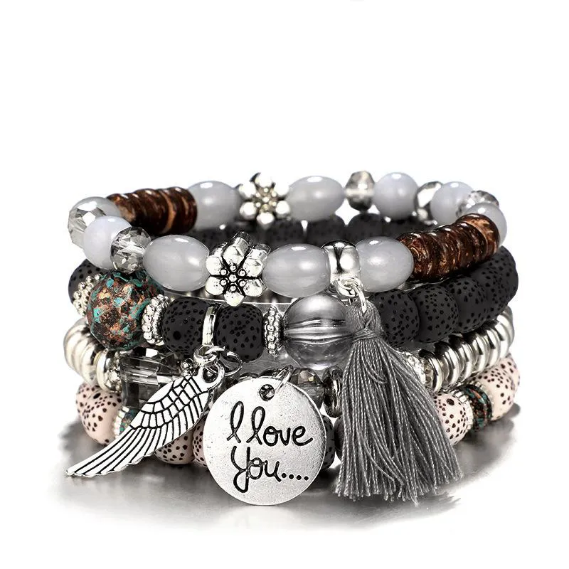 Yean - Set di 6 braccialetti con perline e cristalli dorati, realizzati