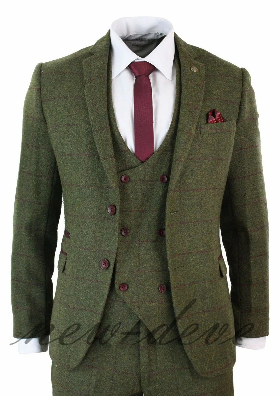 Winter Knappe Nieuwe Olijf Groen 3 Stukken Tweed Heren Trouwpak Slim Fit Gekeerde Revers Bruidegom Draag Echte Foto Blazer (Jas + Vest + Pants)