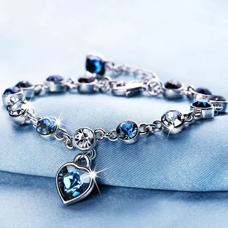 Luksusowy Austriacki Kryształ Bransoletki Pełny Niebieski Diament Serce Sea Love Rhinestone Moda Posrebrzany Urok Biżuteria Prezent Dla Kobiet Dziewczyna