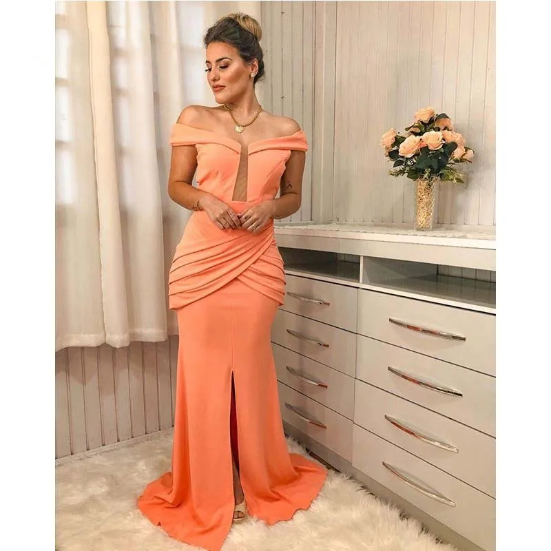 Off The Shoulder Lange Avondjurken Oranje Kleur Plooien Elegante Vrouwen Formele Diner Party Jurken Voorste Slit Vestido Noche