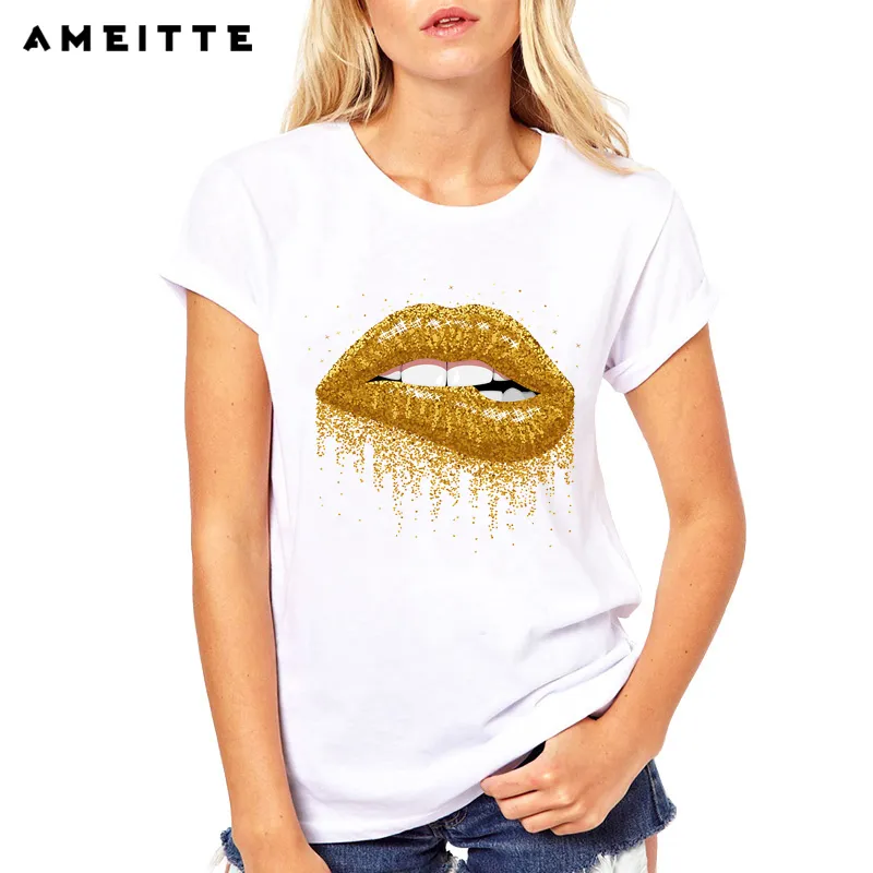 AMEITTE 2019 Summer Tops Gold Mouth Yellow Lip Print Shirts Base O-Neck Short Sleeve Women Tshirt All-match White Tee Shirt