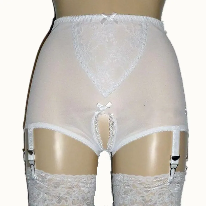 Womens Sexy Lace Mesh Garter Belt With Open Crotch, Satin Bows