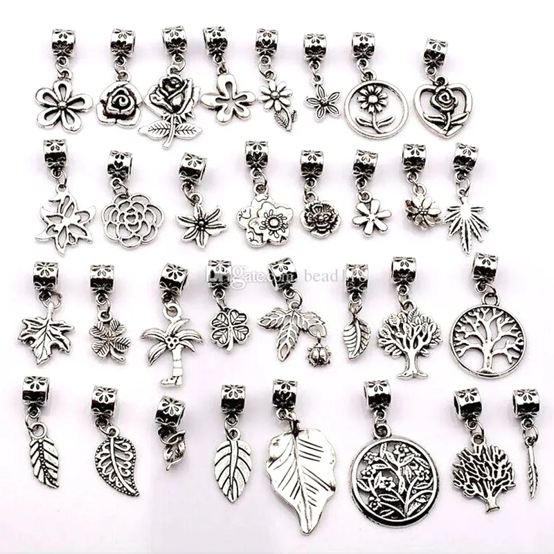 160pcs antika silverblandade blommor, träd, löv dangle charms hängsmycken för smycken gör armband halsband DIY Tillbehör