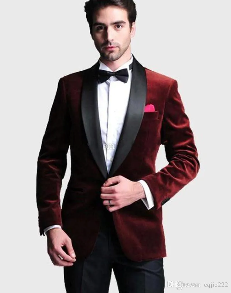 Nieuwe Knappe One Button Dark Red Fluwelen Bruidegom Tuxedos Sjaal Revers Groomsmen Beste Man Wedding Prom Diner Past (Jas + Broek + Tie) 202