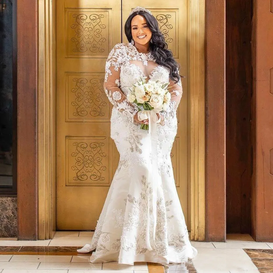 Vestido de novia de sirena de manga larga con ilusión de talla grande con tren desmontable Vestido de novia de sirena de manga larga con ilusión de talla grande con tren desmontable
