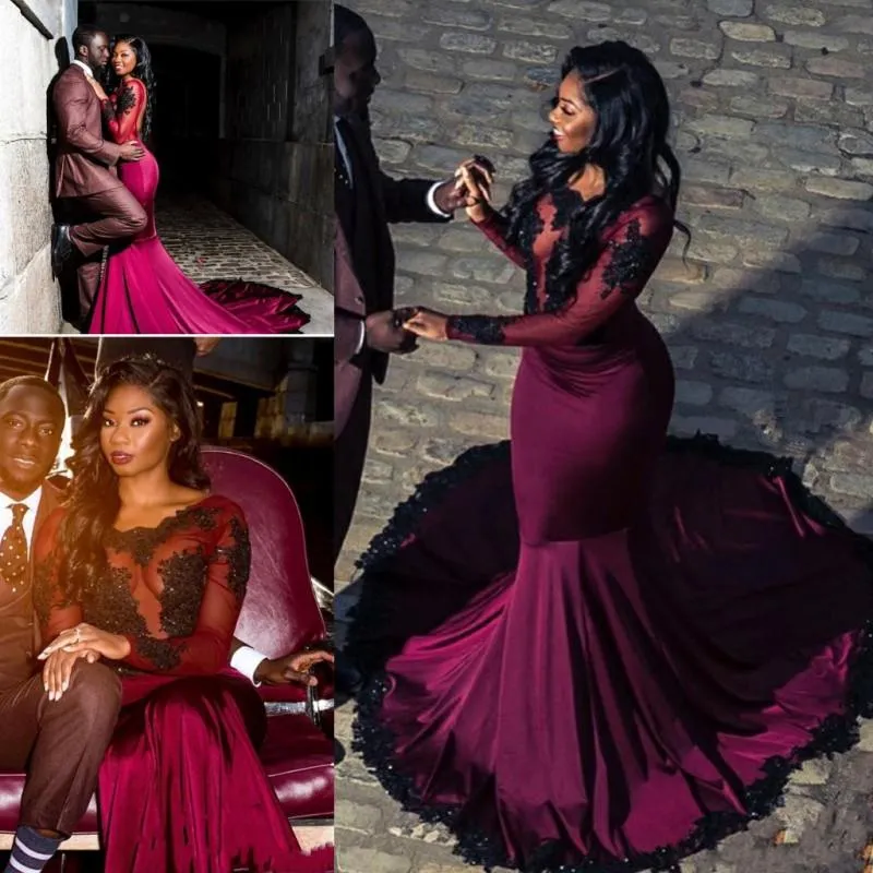 Burgundy Mermaid Prom Dresses Plus Size Sheer Long... From 127,56  | DHgate