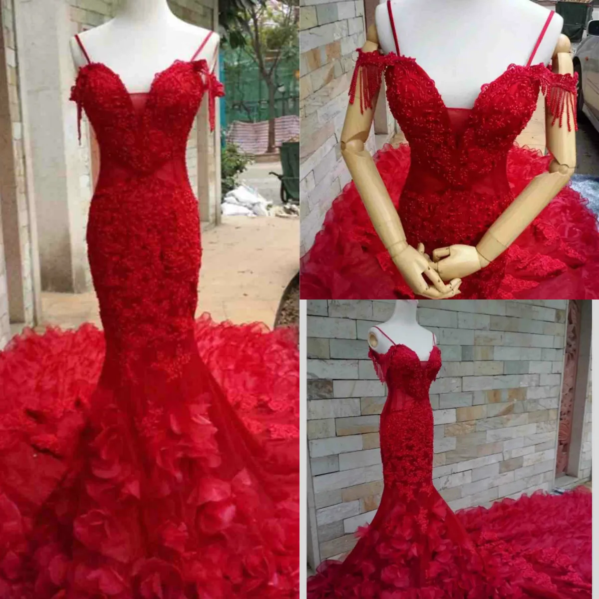 2019 Red Evening Dresses Spaghetti Lace Appliques Pearls Tassel Floral Flowers Gorgeous Prom Dress Custom Made Formal Party Gowns