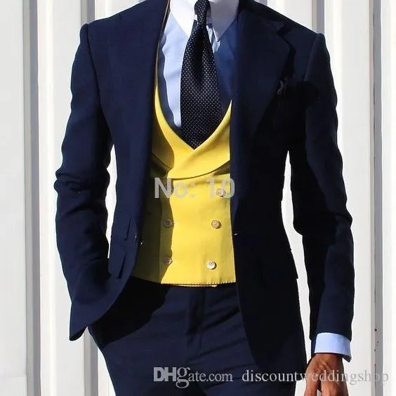 Najnowsze Design Navy Blue Groom Tuxedos Notch Lapel Men Wedding Party Dress 3 sztuki Garnitury (kurtka + spodnie + kamizelka + krawat) K45