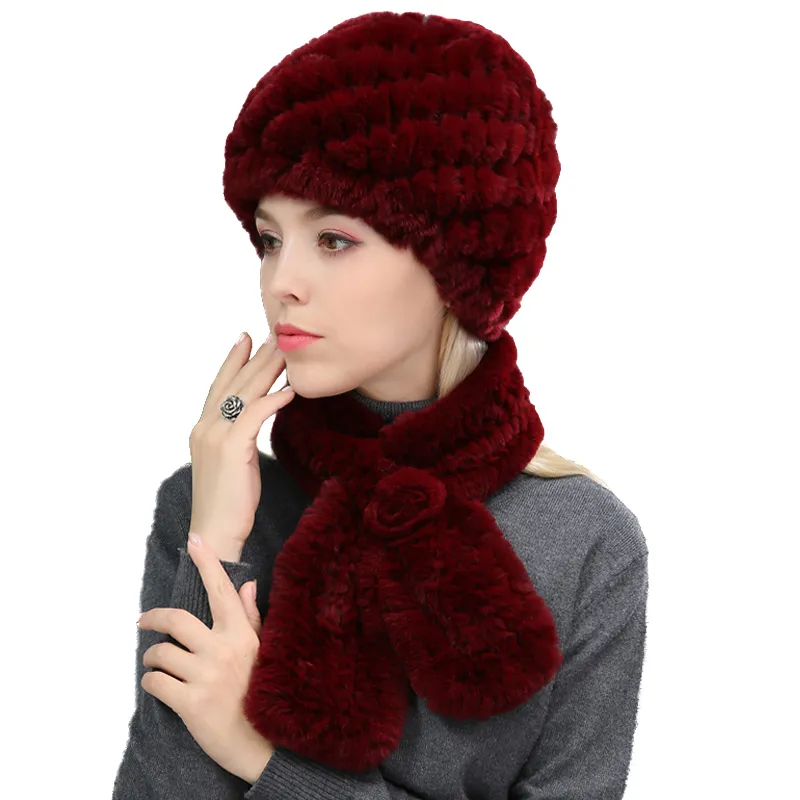 Vera pelliccia di coniglio Rex 2 pezzi Sciarpa e cappelli per donna Berretto invernale caldo a righe