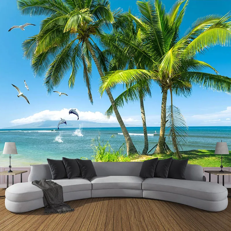 Dropship Пользовательские обои Картина Пляж Чайка Coconut Tree 3D Photo Обоев Гостиная Спальня TV Фоновая Papier Peint Mural 3D
