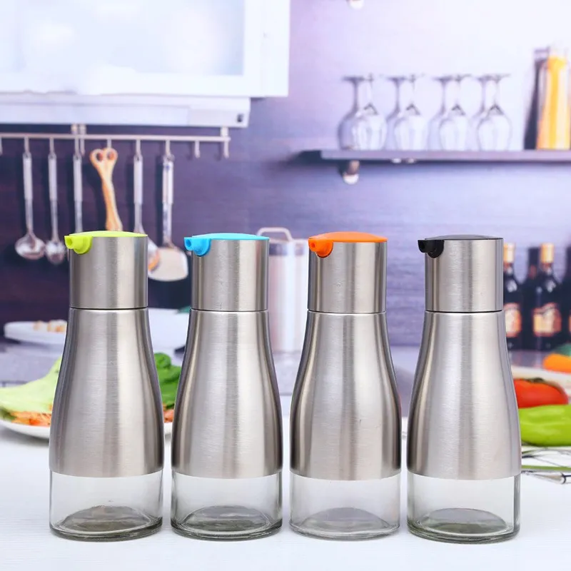 320ml Glass Oil Bottle Olive Oil Sauce Bottles Stainless Steel Glass Oil Pot Seasoning Pot Kitchen Accessory