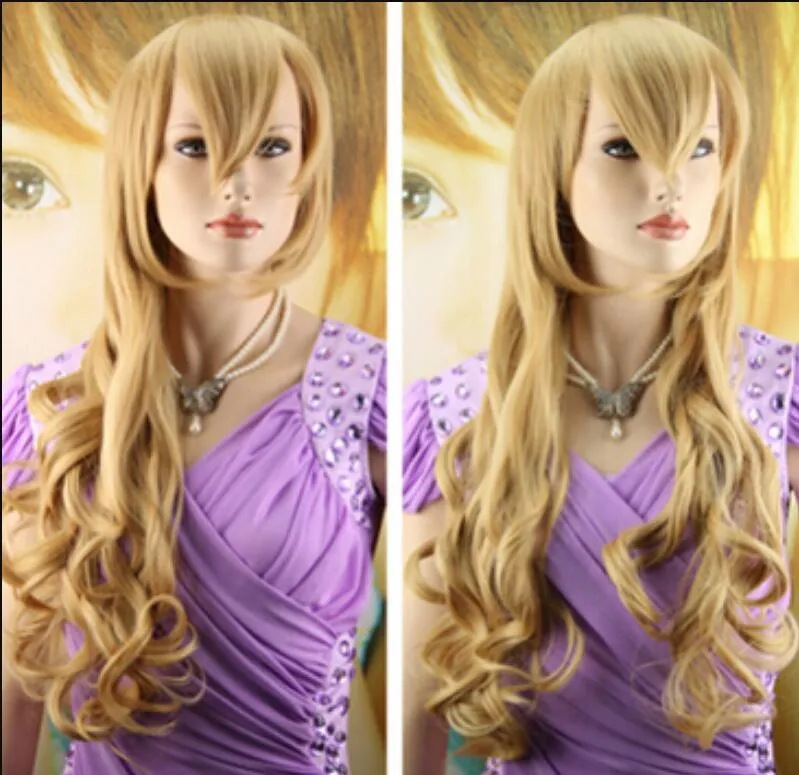 WIG free shipping New Fashion Womens Girls yellow Long Curly Wavy Full Wigs Hair Cosplay Party