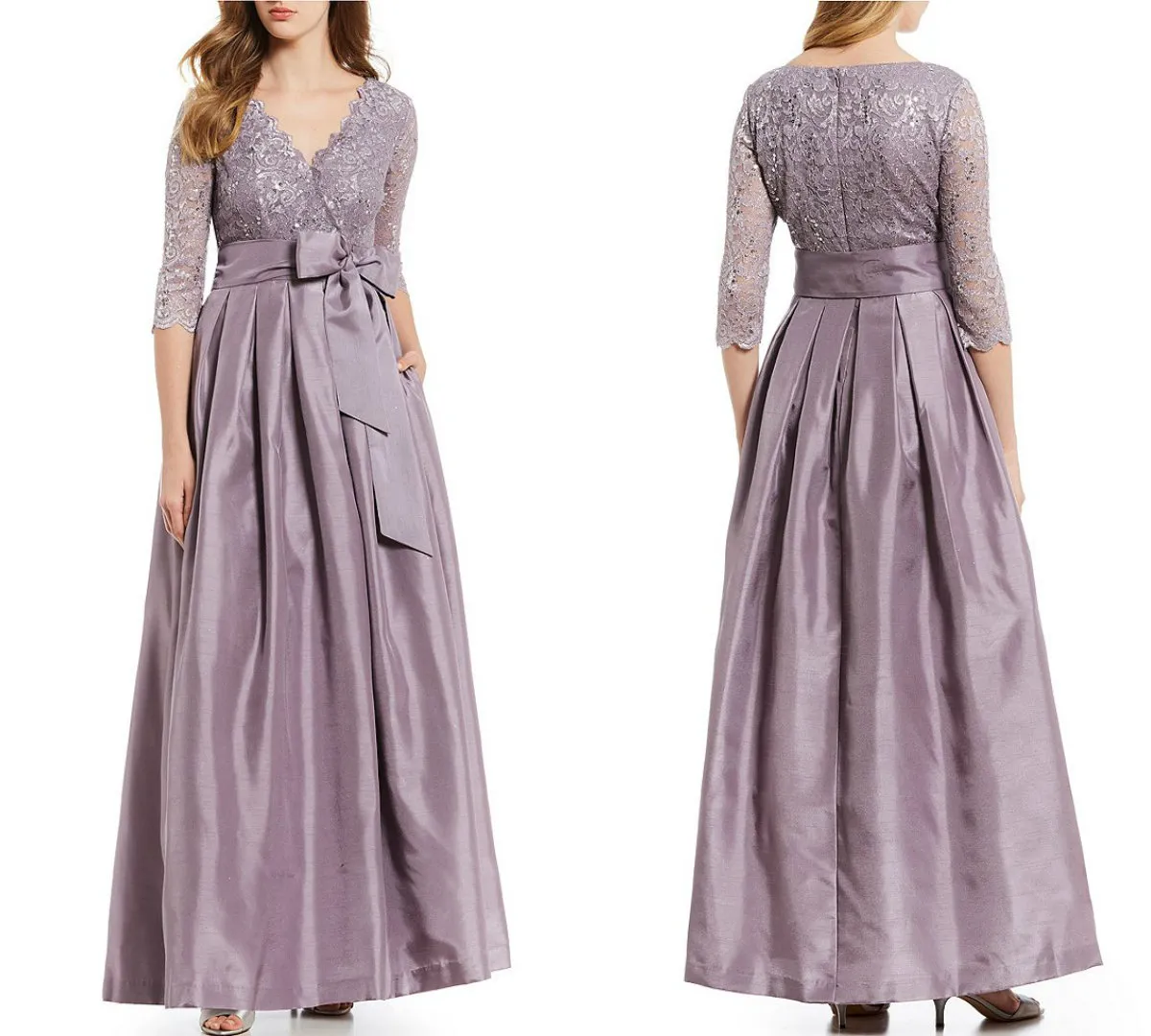 Plus Size Lavender Mãe da Noiva Vestidos 3/4 Mangas Compridas V Neck Lace Beads Até O Chão Formal Vestidos de Festa Vestido de Baile