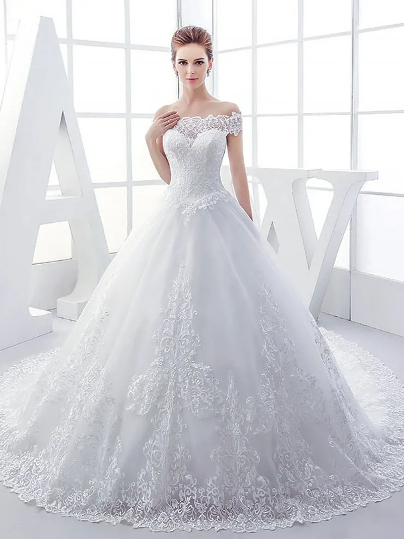 Vintage Off-Shoulder Lace Beautiful Ballgown Wedding Dress with Illusion Neckline and Court Train