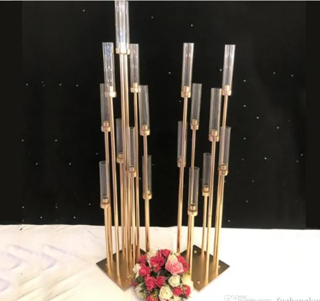 6pcs/lot 8 hoofden metalen kandelabra goud kaarsenhouder acryl trouwtafel middelpunt kaarsenhouders kandelabrum decoratie