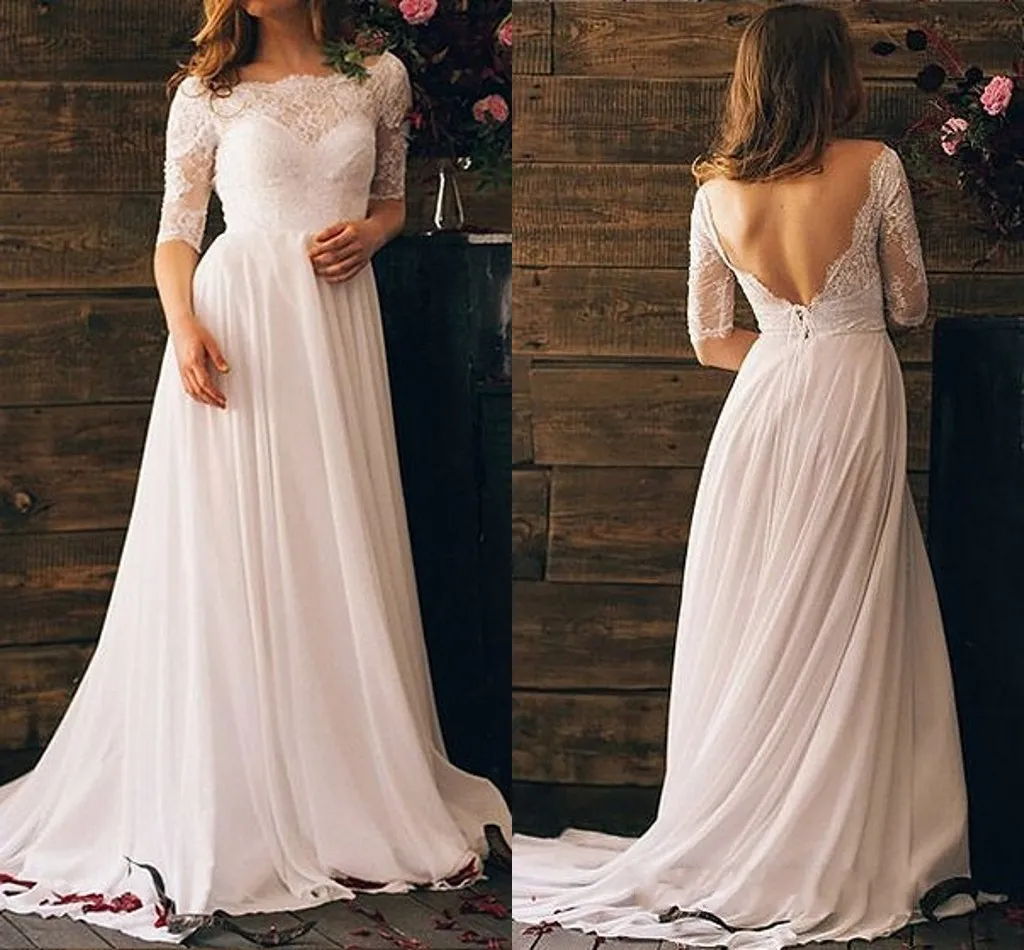 2019 Beach Bröllopsklänningar med ärmar Bateau V Open Back Lace Chiffon Bröllop Gästklänning Bröllopklänningar Bröllopsklänning Anpassad