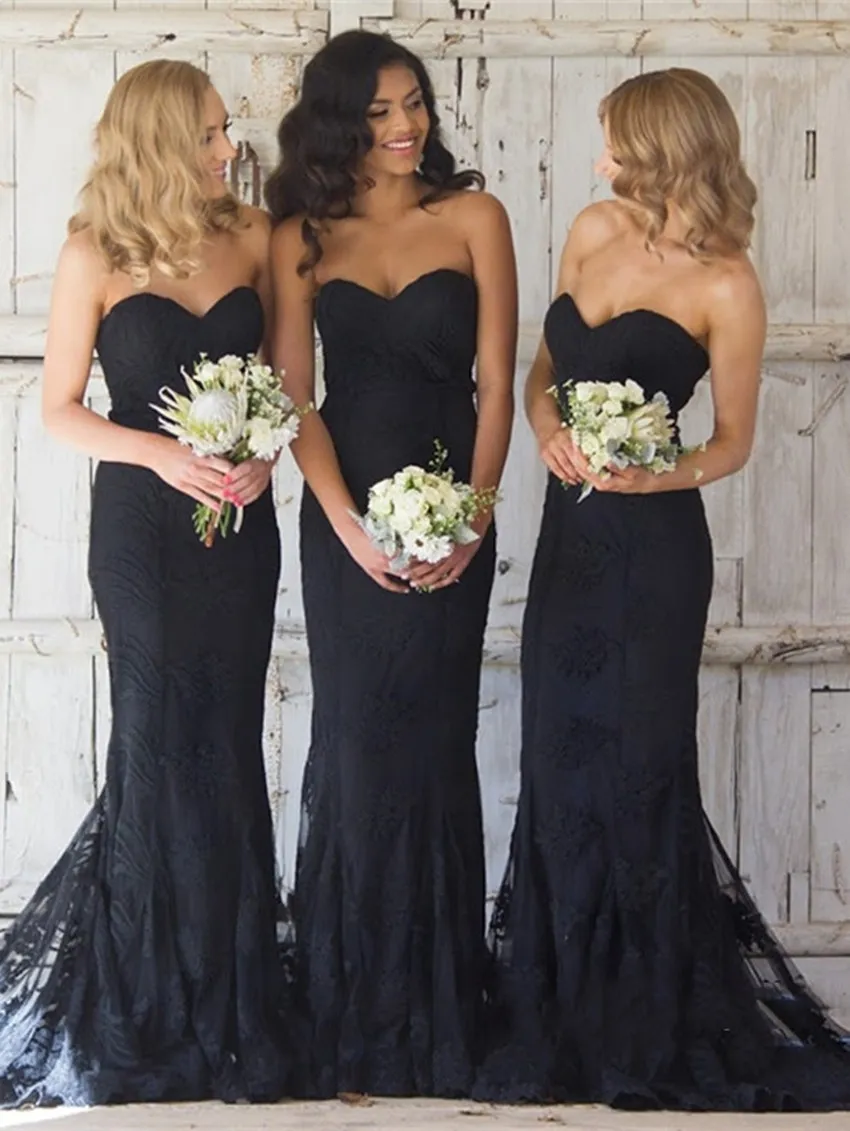 Boho black bridesmaid dresses Lace Appliques Sweetheart Zipper Back Floor Length Elegant Mermiad Vintage dress for wedding party
