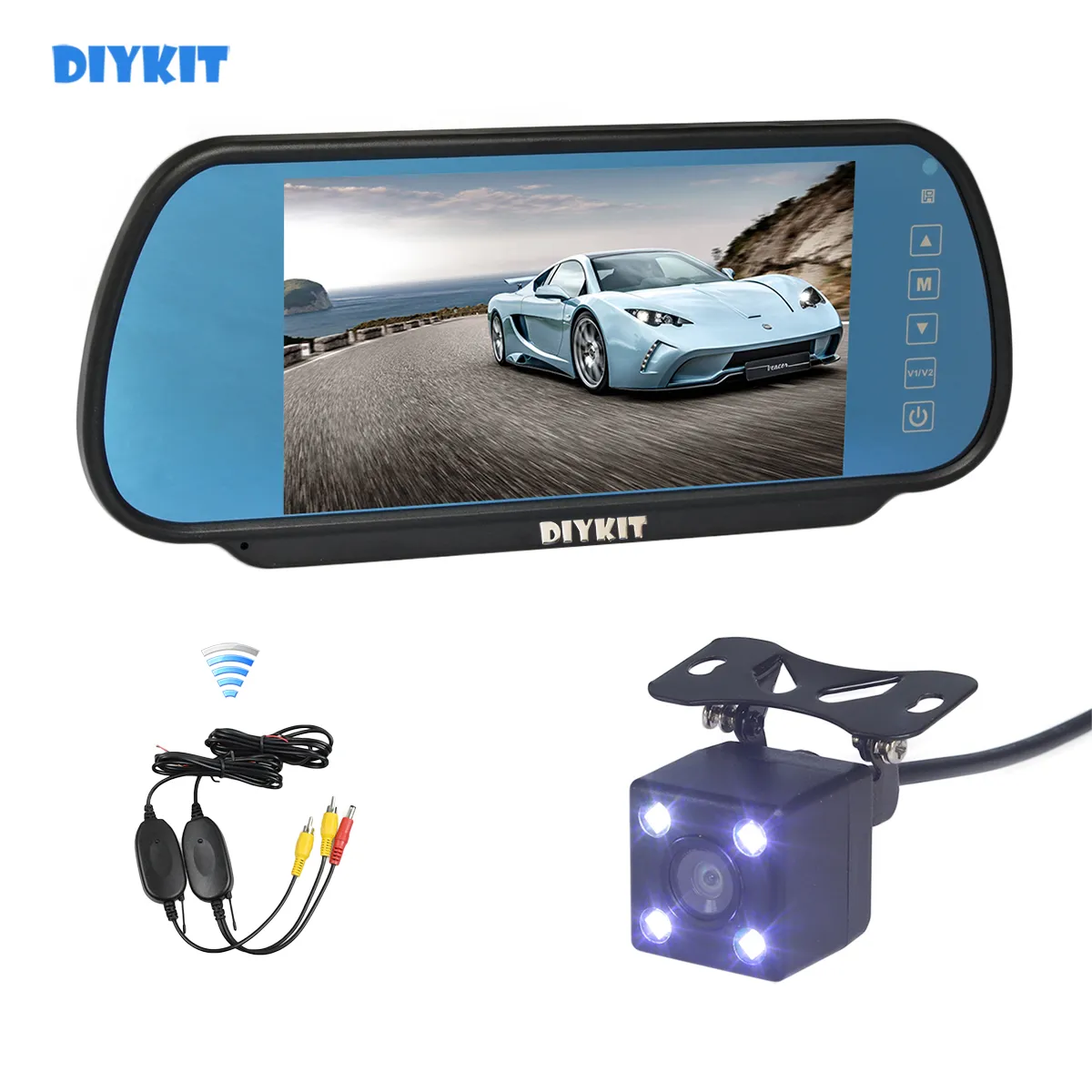 DIYKIT 7inch Ekran Araç Ayna Monitör + LED Gece Görüş Dikiz HD Kamera Kablosuz İletim Park Sistemi