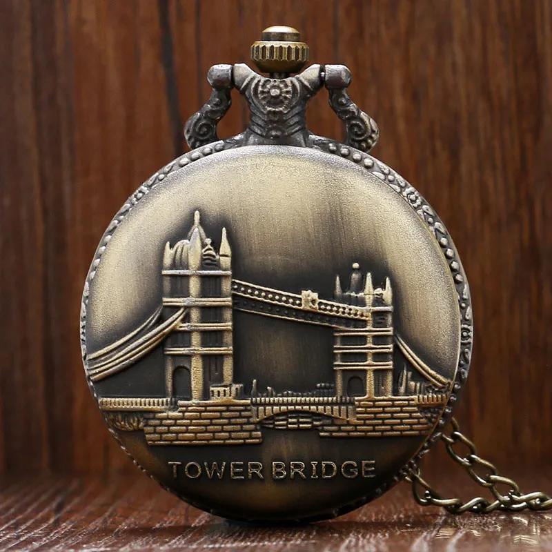 Vintage Bronze Fashion Watches 3D London Memento Tower Bridge Pattern Quartz Pocket Watch Women Men Necklace Chain Gift reloj de bolsillo