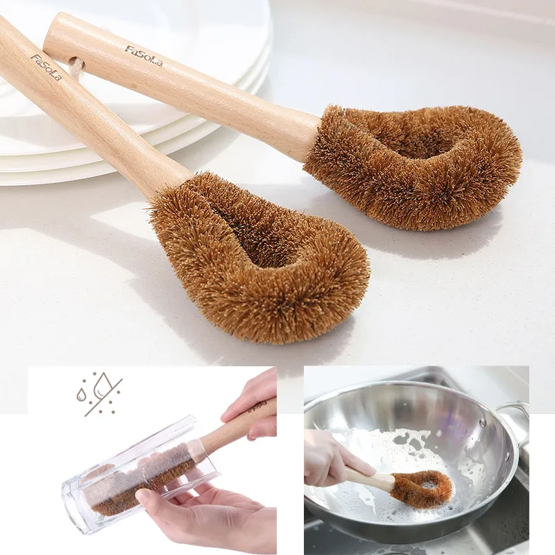 Brosse à pot naturelle en hêtre, manche en bois, brosse de nettoyage de la vaisselle, antiadhésive suspendue, nettoyeur de casserole, brosse de tasse, accessoires de cuisine DBC VT0667