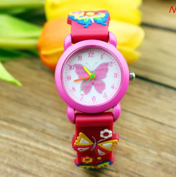 Nyaste 3D-tecknad filmfjärilblomma Kid Watch Silikon Band Barnklockor Candy Rubby Quartz Armbandsur Baby Girls Söt klocka