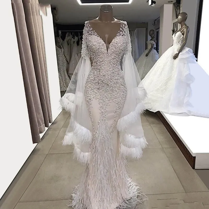 Vintage Feathers Mermaid Wedding Dresses With Appliques Lace Beads Sequins vestidos de noiva Illusion Full Sleeves Bridal Dress Dubai