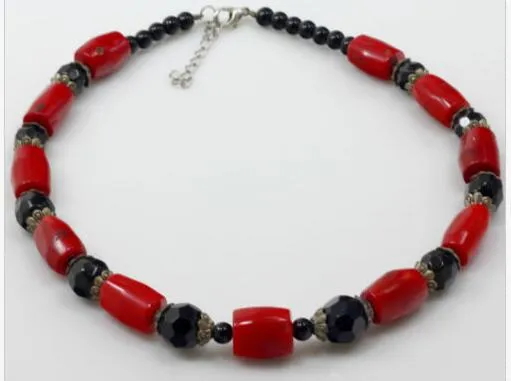 Röd Coral / Black Onyx Silver Toggle Halsband 18 "Gratis frakt