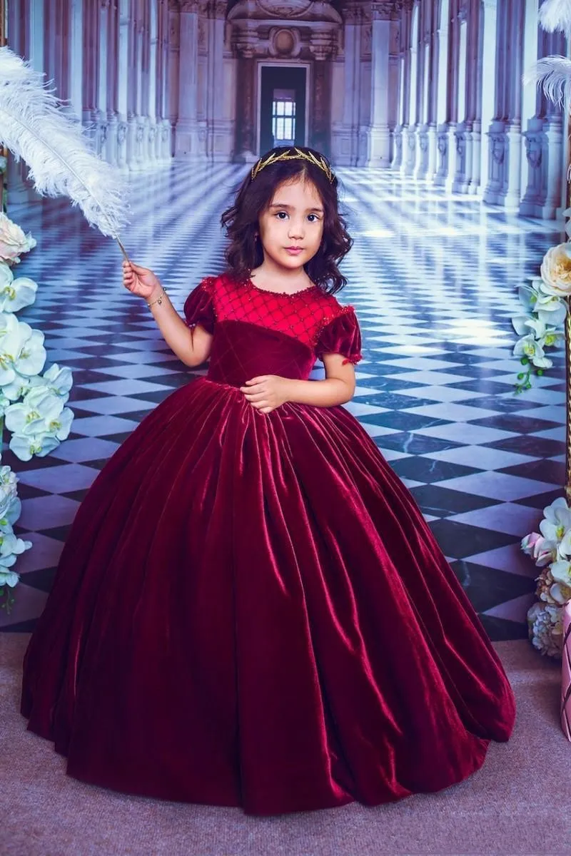 2023 Burgundy Royal Blue Princess Girls Pageant Dresses Velvet Jewel Neck Short Sleeves Ball Gown Kids Wedding Flower Girls Dress