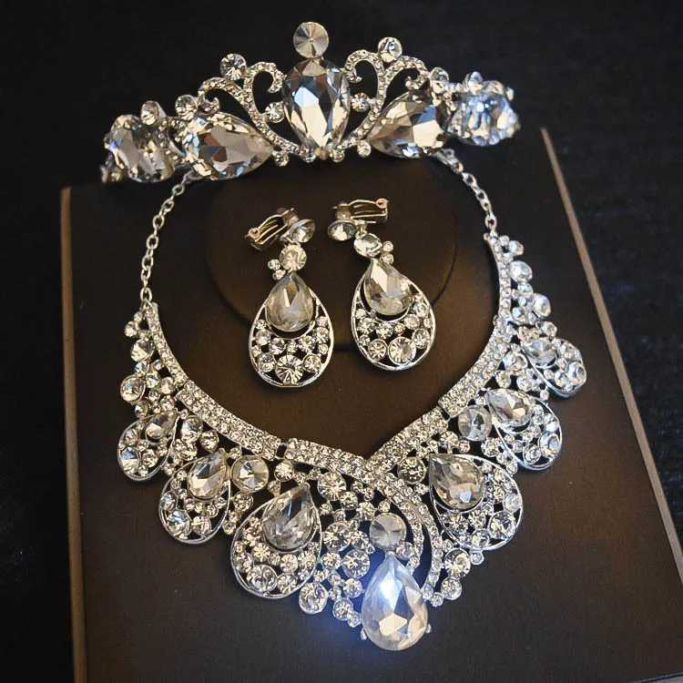 Couronne de diamant en forme de goutte, ensemble de trois pièces, collier, bijoux pour dames, couronnes de diamant, accessoires de mariage (couronne + collier + boucles d'oreilles)