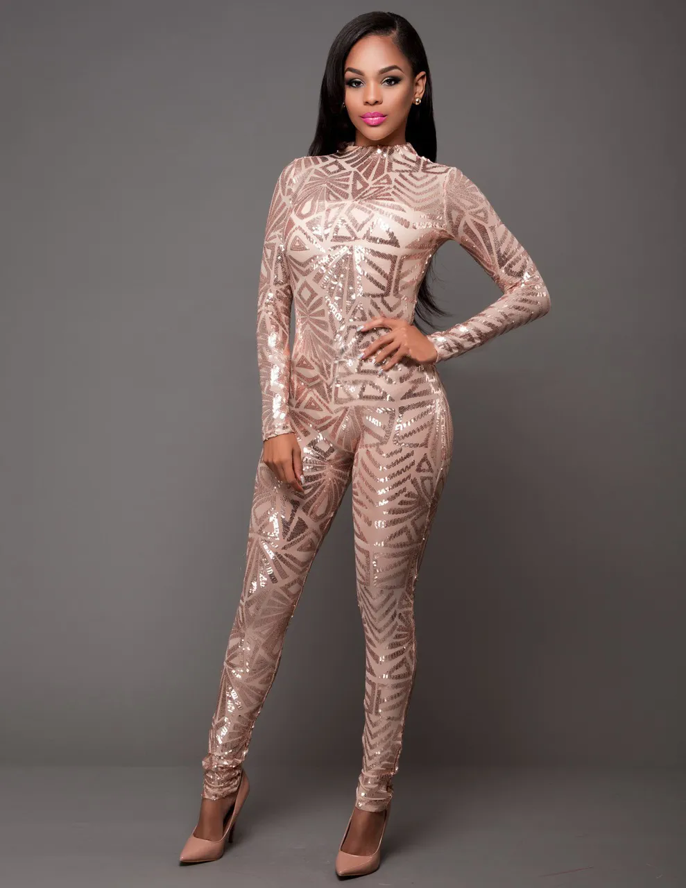 Black Gold Sequin Jumpsuit Long Sleeve Stretch Party Romper Women s
