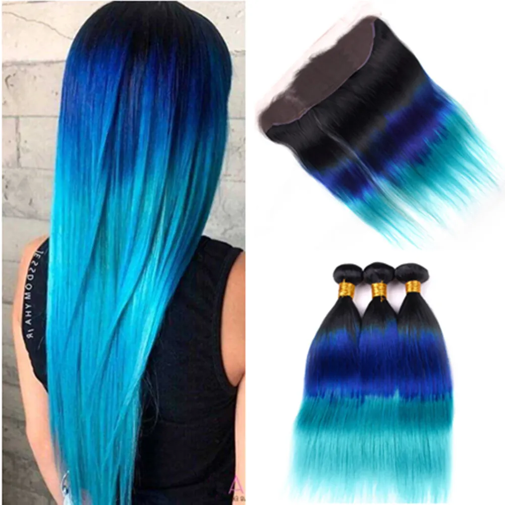 Malaysian Human Hair 3 Tone Ombre Bundles with Frontal Straight #1B/Blue/Teal Dark Roots Ombre Weaves 3Bundles with 13x4 Lace Frontal