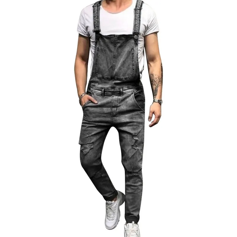 Mode band gescheurde jeans jumpsuit mannen solide rechte slanke straatkleding gat denim overalls casual pocket zomer jeans homme