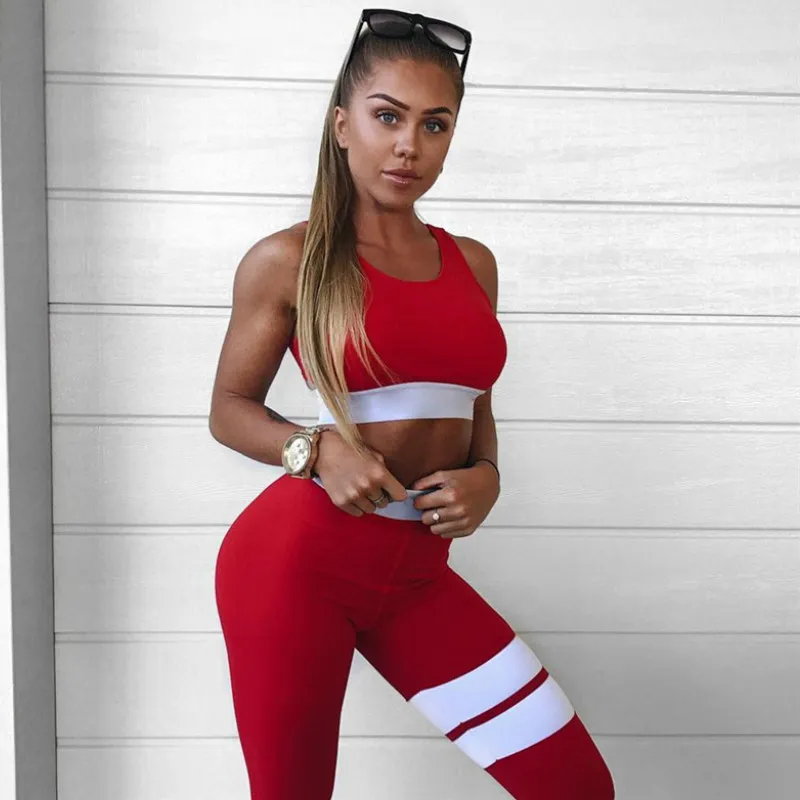 Womens Designer Yoga Set Luxury Stripe Pattern Sportswear Brand Contrast Color Slim Tracksuits Sexy Outdoor Top Vest +leggings 2020