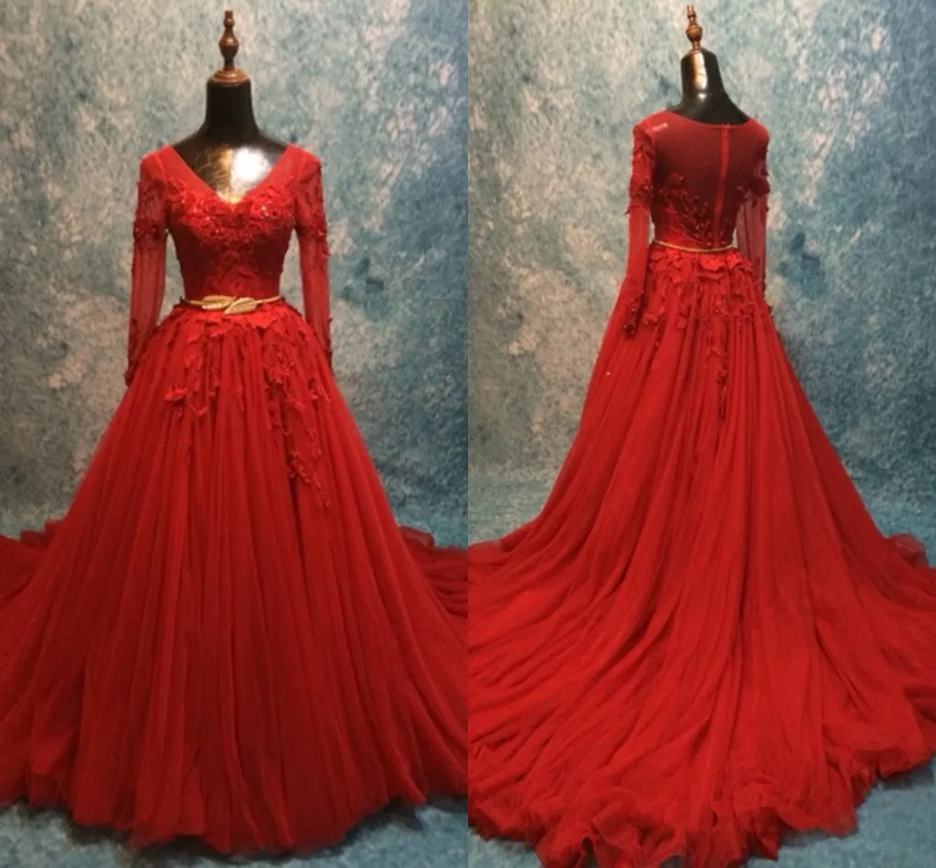 2019 Vermelho Manga Longa Vestidos Formais Vestido de Noite 3D Floral Applique Frisada Lantejoulas Profundo Decote Em V Ruched Drapeado Partido Prom Vestido Africano Meninas