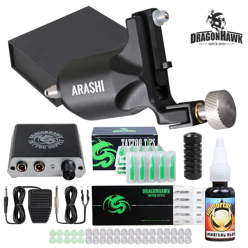 Dragonhawk Tattoo Kit Rotary Gun Mini Power Supply Black Ink Needles